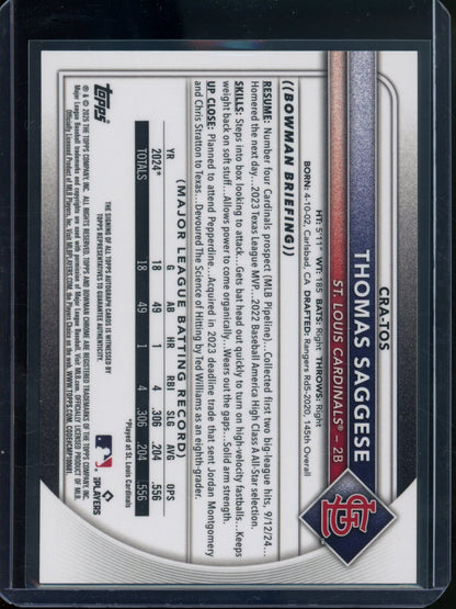 2025 Bowman Chrome Thomas Saggese Rookie RC Gold Refractor Autograph /50 Cardinals - Trading Card Market