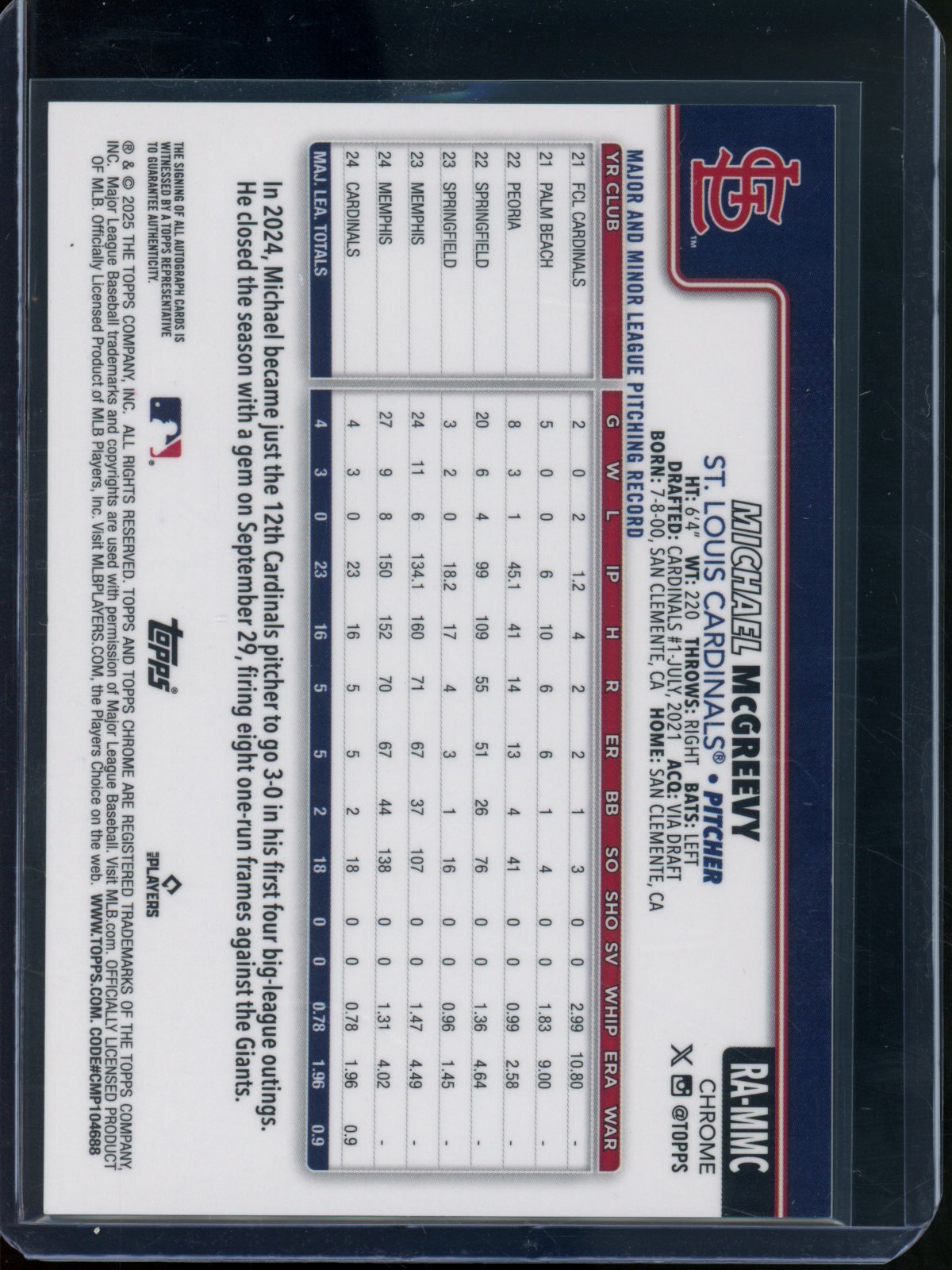 2025 Topps Chrome Sapphire Michael McGreevy Rookie RC Green Autograph /99 Cardinals - Trading Card Market
