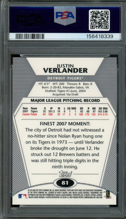 2008 Topps Finest Justin Verlander #81 PSA 8 Tigers - Trading Card Market