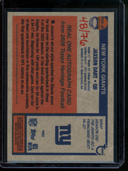 2026 Topps Heritage Jaxson Dart Real Ones Red Ink Autograph /76 #ROA-JD Giants