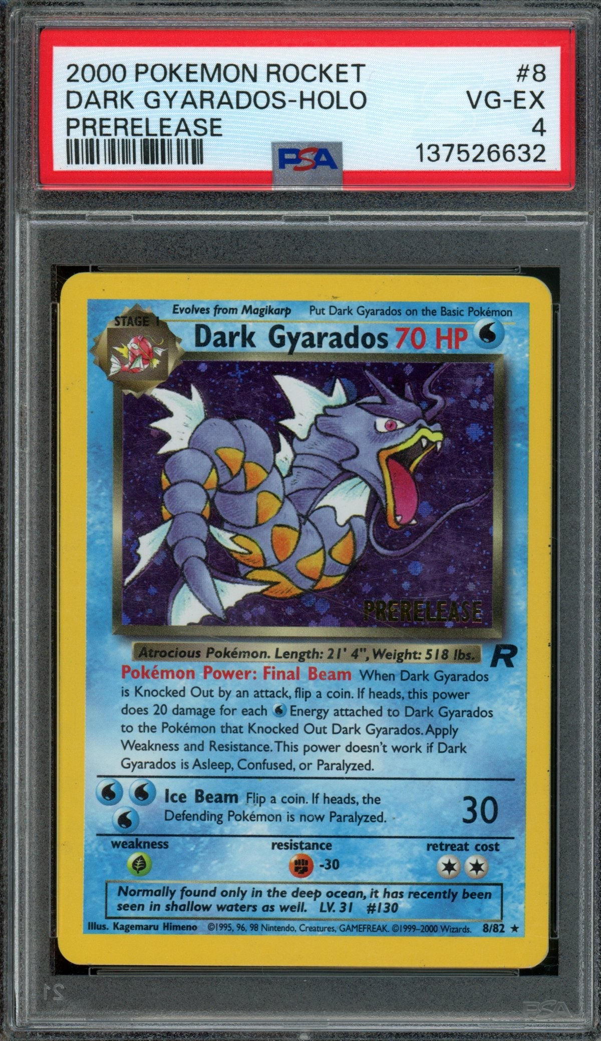 2000 Pokemon Team Rocket Dark Gyarados Prerelease Holo 8/82 PSA 4