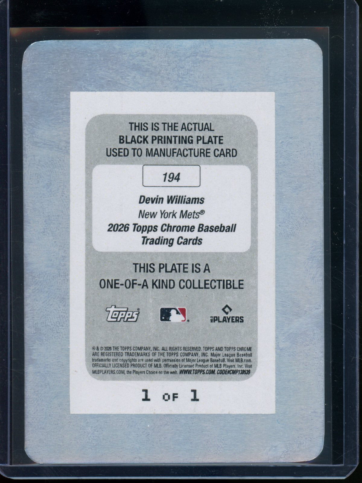 2026 Topps Flagship Devin Williams 1/1 Black Printing Plate Mets
