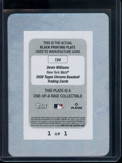2026 Topps Flagship Devin Williams 1/1 Black Printing Plate Mets