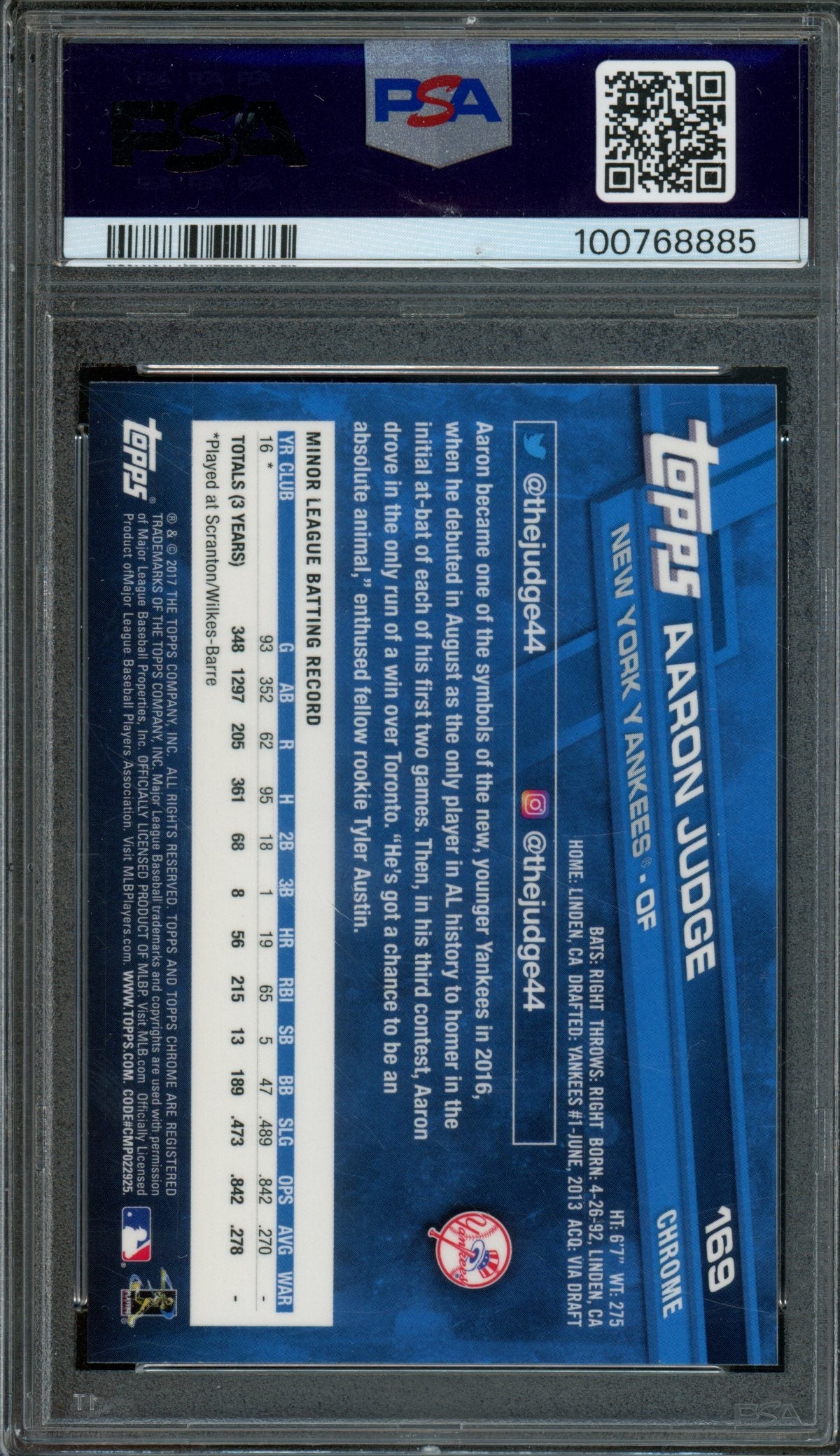 2017 Topps Chrome Aaron Judge Rookie RC #169 PSA 10 Yankees