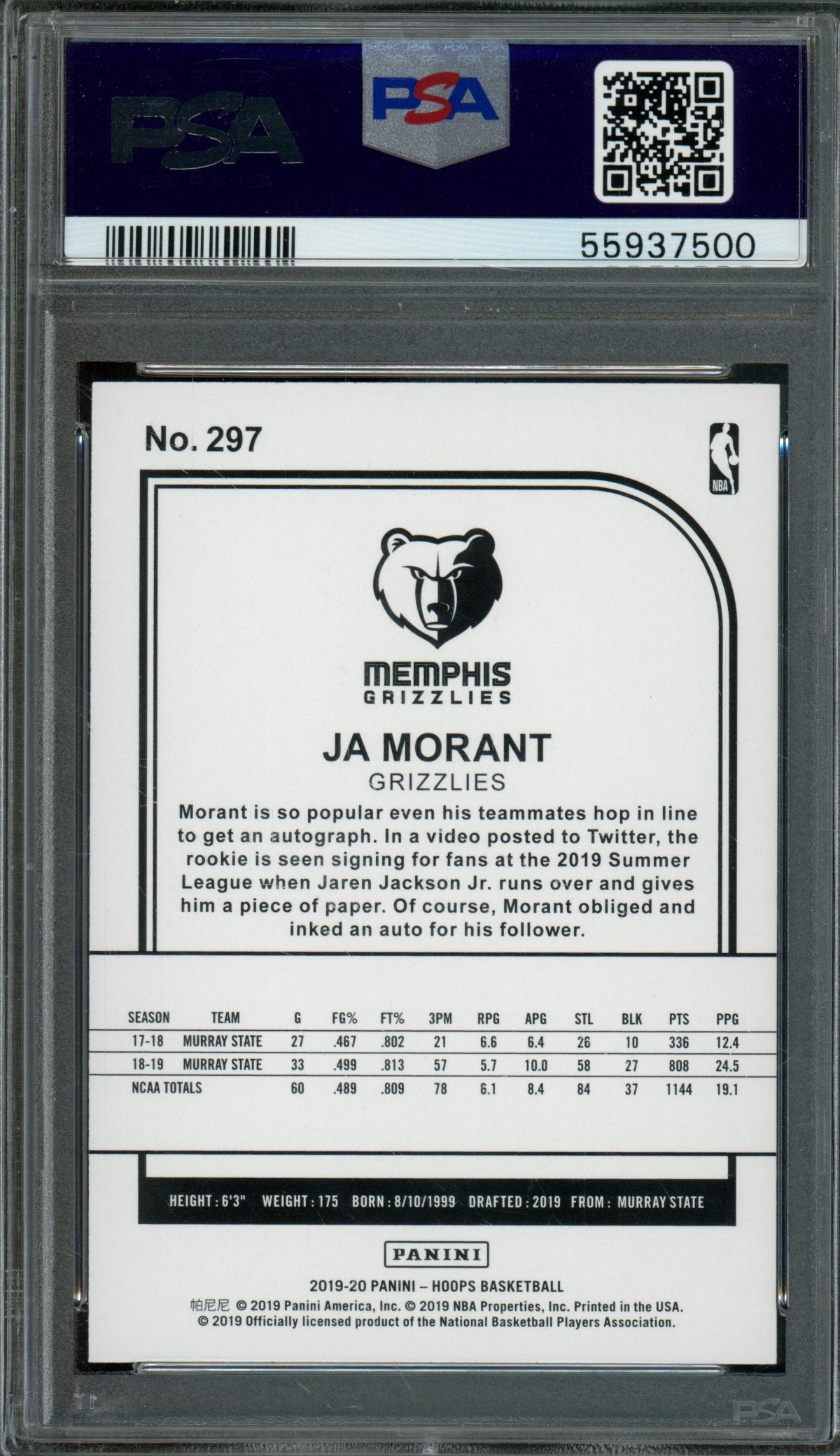 2019/20 Panini Hoops Ja Morant Rookie RC Winter PSA 10 Grizzlies