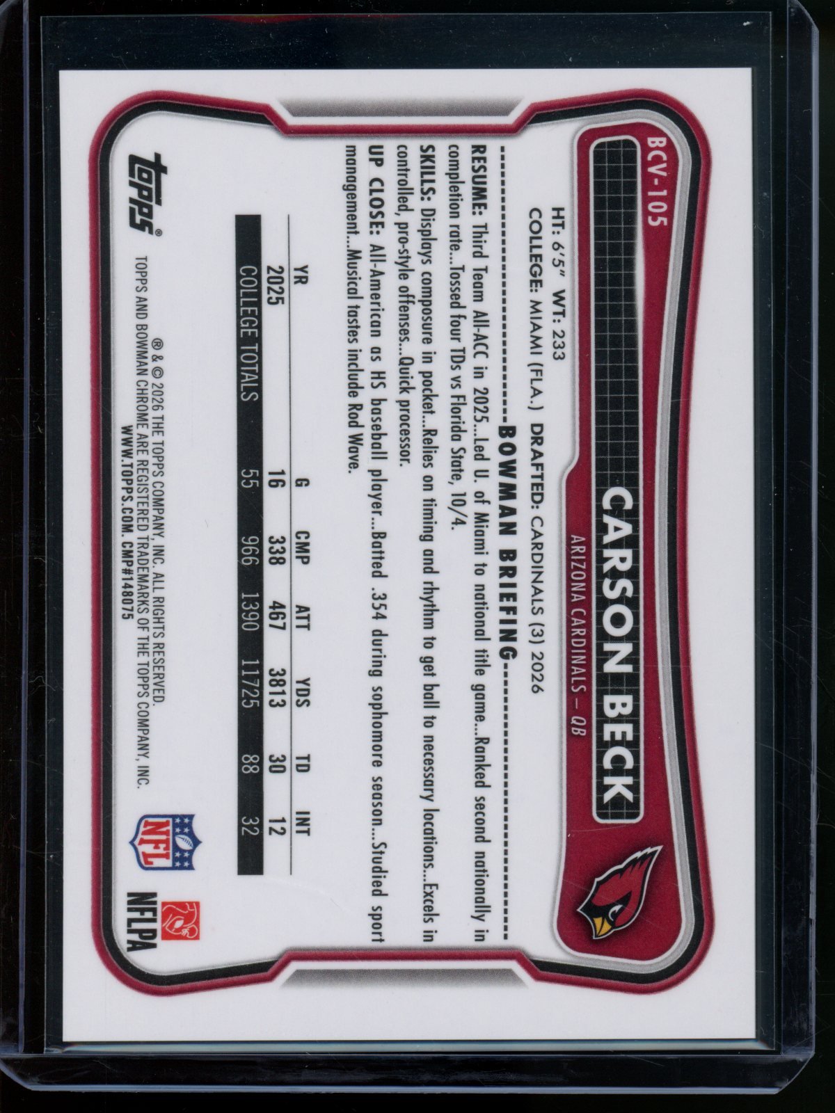 2026 Bowman Chrome Carson Beck Rookie RC Yellow Refractor /275 Cardinals - Trading Card Market