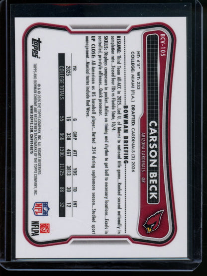 2026 Bowman Chrome Carson Beck Rookie RC Yellow Refractor /275 Cardinals - Trading Card Market