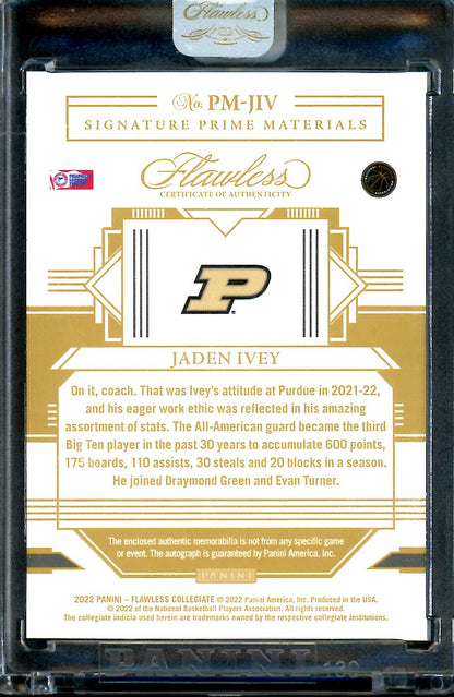 2022/23 Panini Flawless Collegiate Jaden Ivey RPA Gold /10 Purdue Pistons
