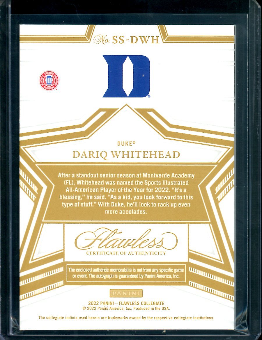 2022/23 Panini Flawless Collegiate Dariq Whitehead RPA /25 Duke - Trading Card Market