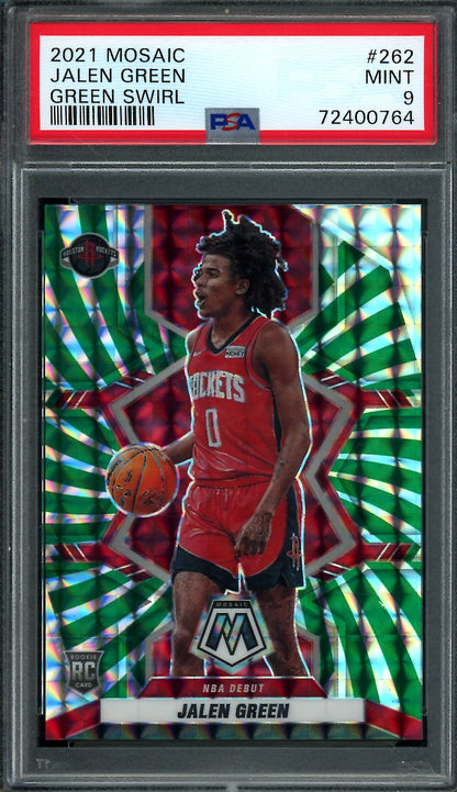 2021/22 Panini Mosaic Jalen Green Rookie Green Swirl /10 Rockets PSA 9