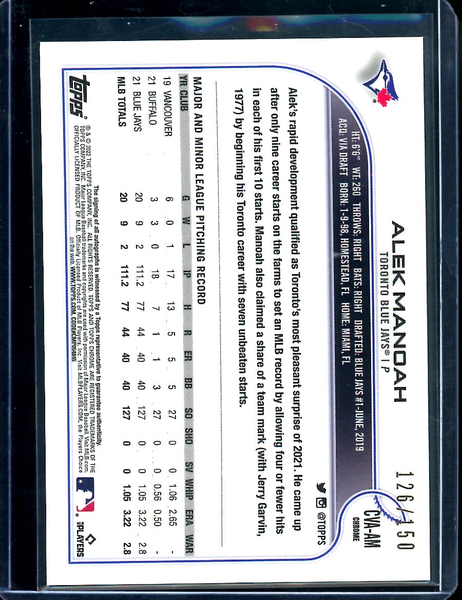 2022 Topps Chrome Alek Manoah Blue Wave Auto /150 Blue Jays