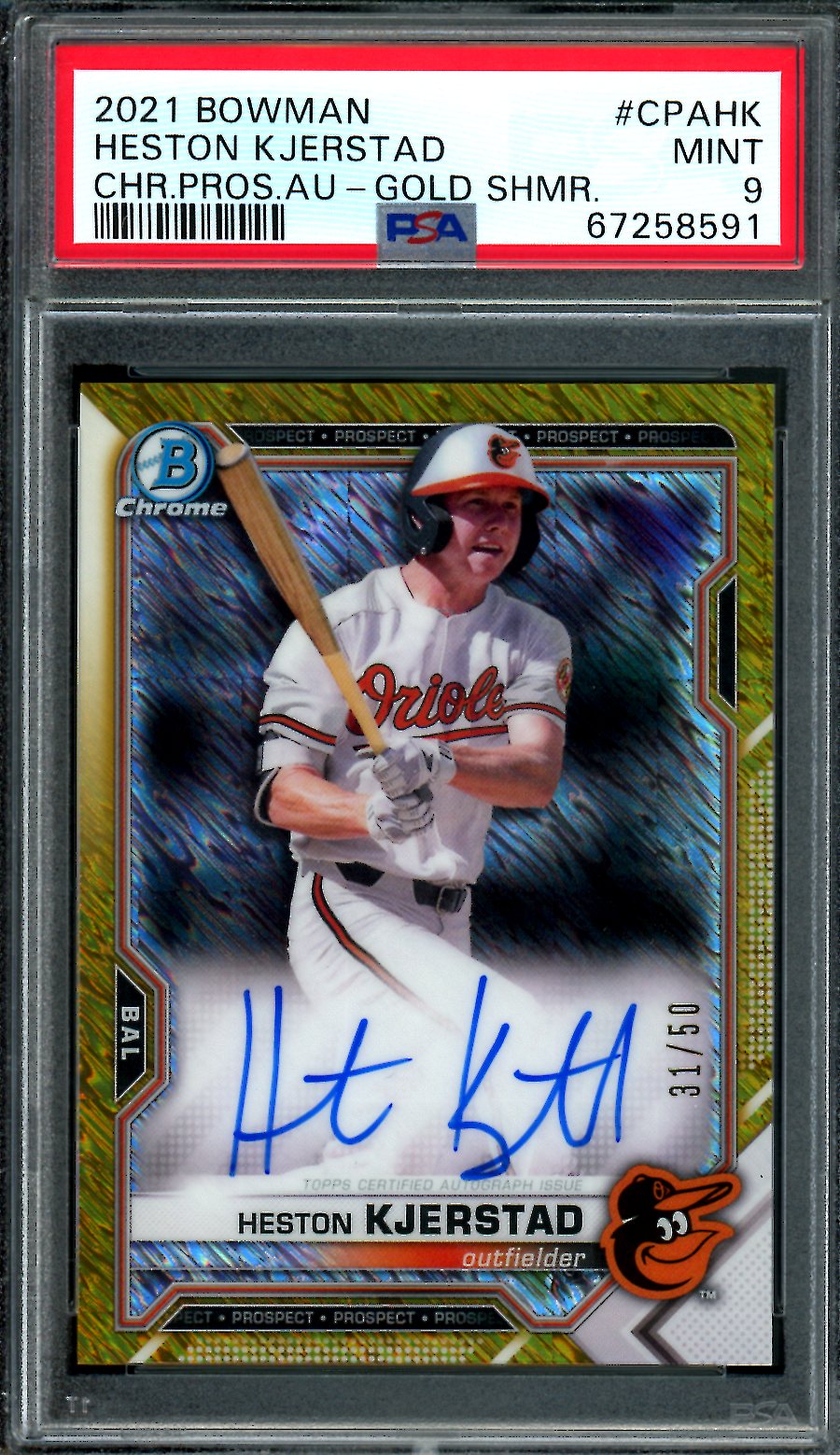 2021 Bowman Heston Kjerstad Gold Shimmer Auto /50 PSA 9 Orioles