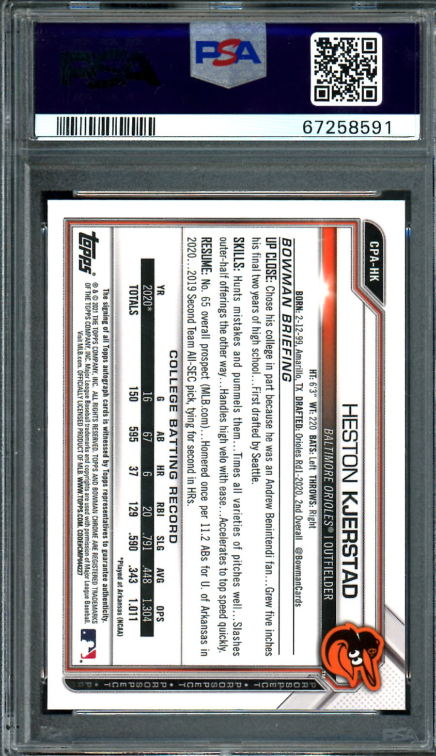 2021 Bowman Heston Kjerstad Gold Shimmer Auto /50 PSA 9 Orioles