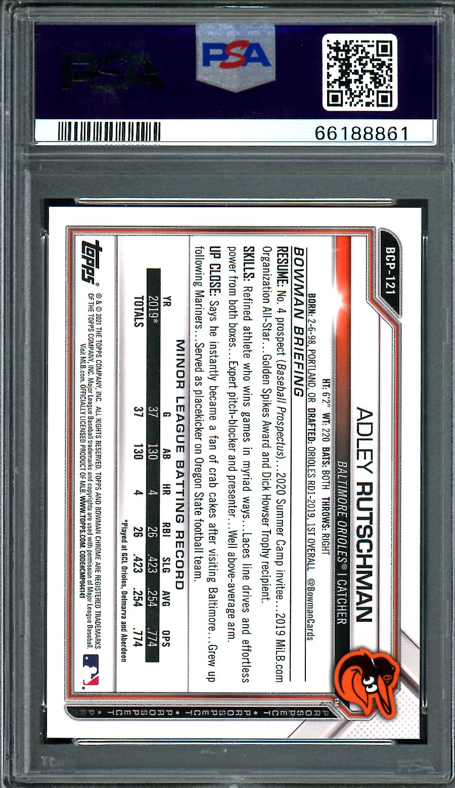 2021 Bowman Adley Rutschman Gold Shimmer /50 PSA 9 Orioles