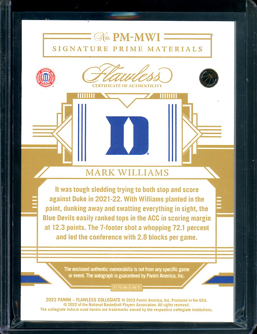 2022/23 Panini Flawless Collegitae Mark Williams Rookie RPA Gold /10 Hornets