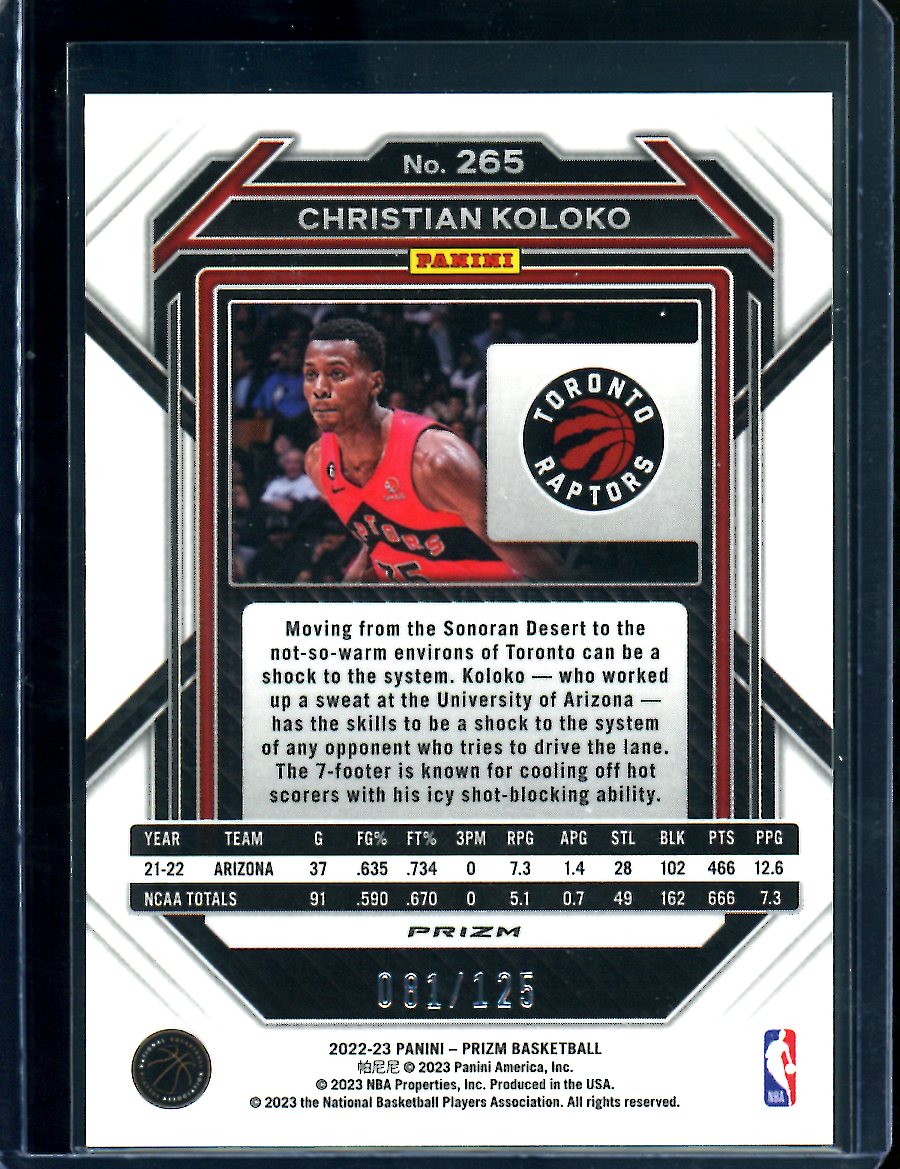 2022/23 Panini Prizm Christian Koloko Rookie Blue Ice /125 Raptors