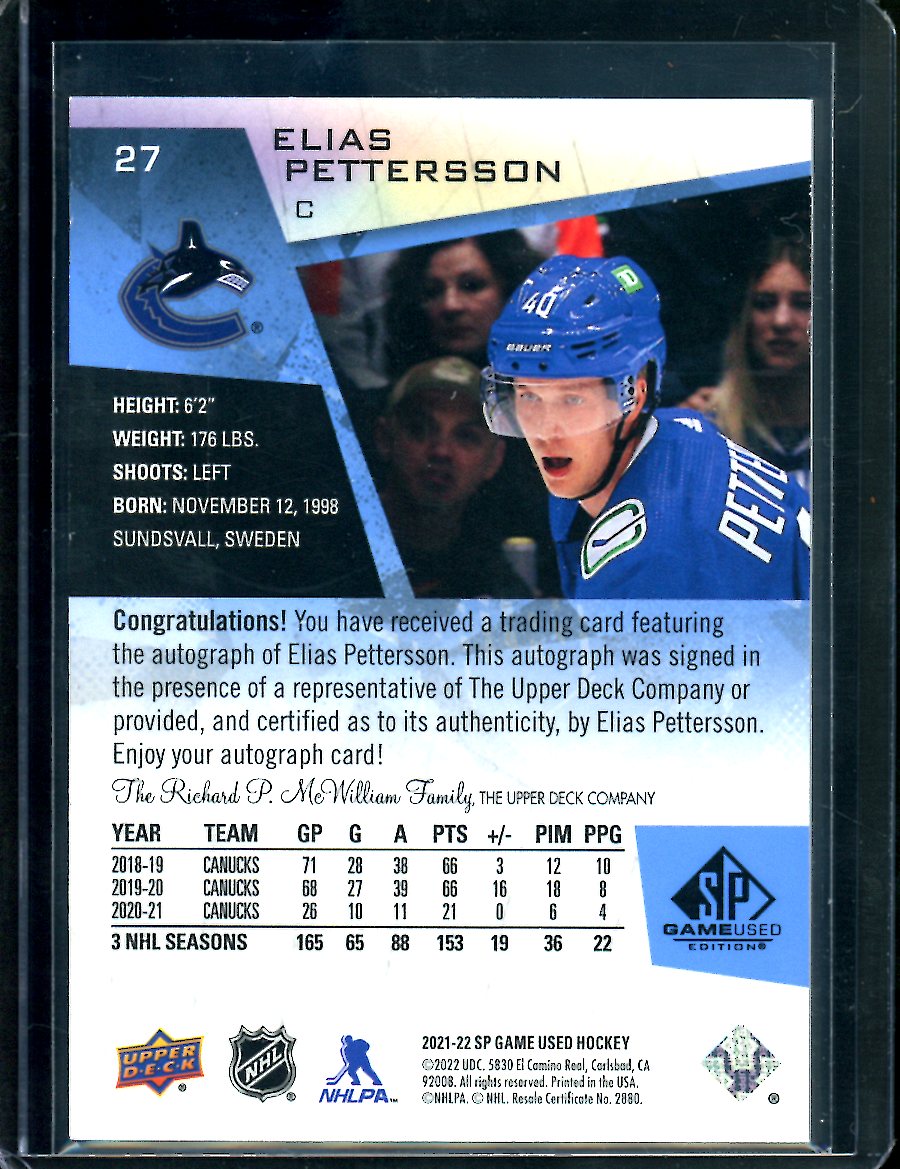 2021/22 SP Game Used Elias Pettersson Auto Canucks