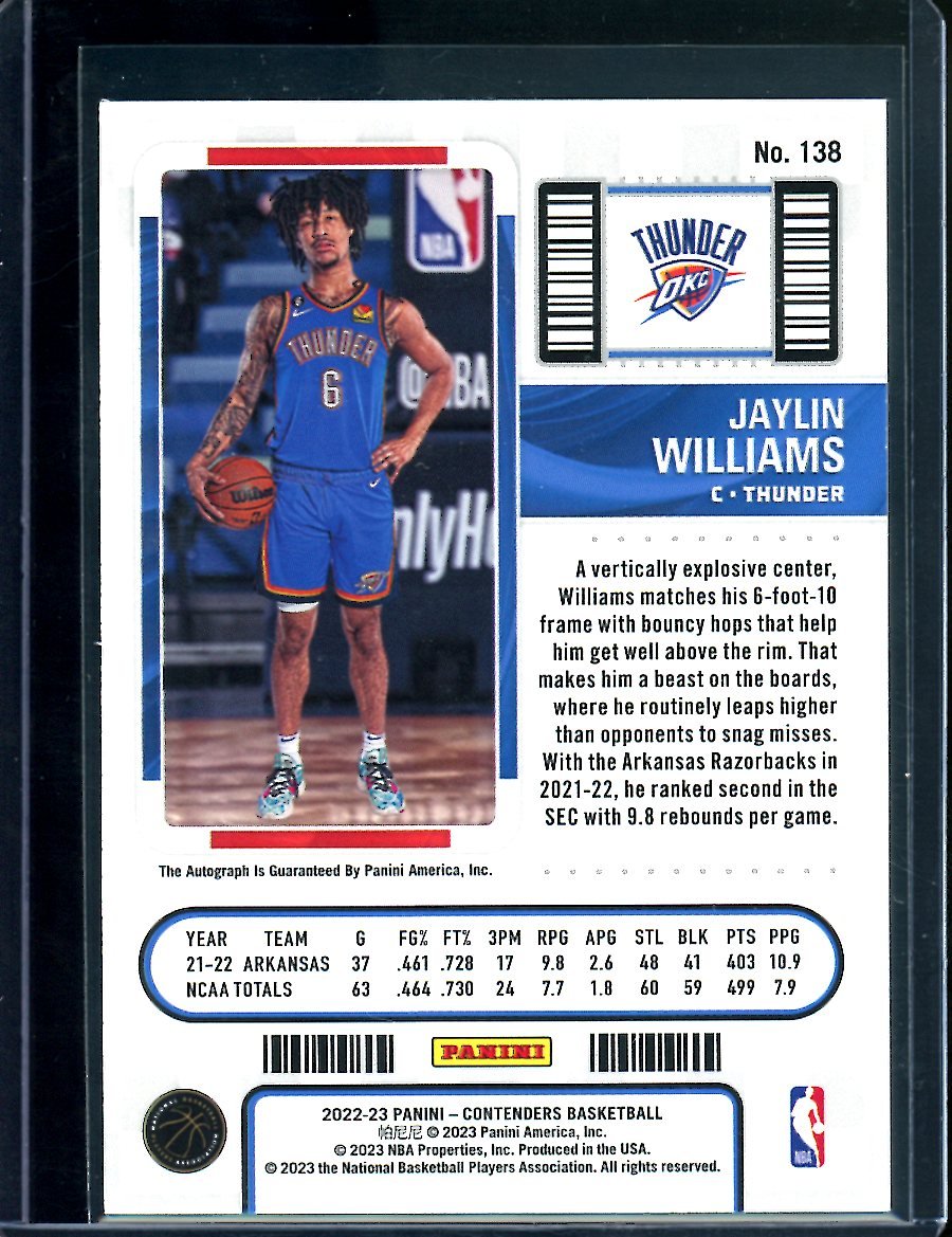 2022/23 Panini Contenders Jaylin Williams Rookie Ticket Auto Thunder - Trading Card Market
