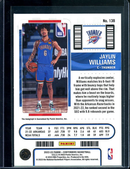 2022/23 Panini Contenders Jaylin Williams Rookie Ticket Auto Thunder - Trading Card Market