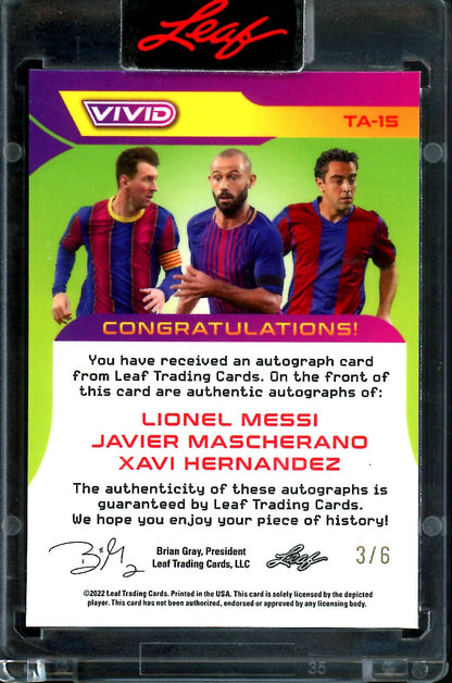 2022 Leaf Vivid Leo Messi/Mascherand/Xavi Triple Auto Red /6 FC Barcelona