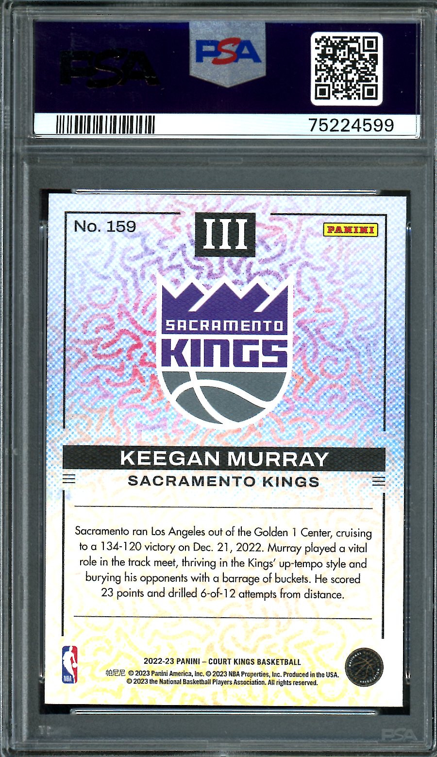 2022/23 Panini Court Kings Keegan Murray Rookie #159 PSA 10 Kings