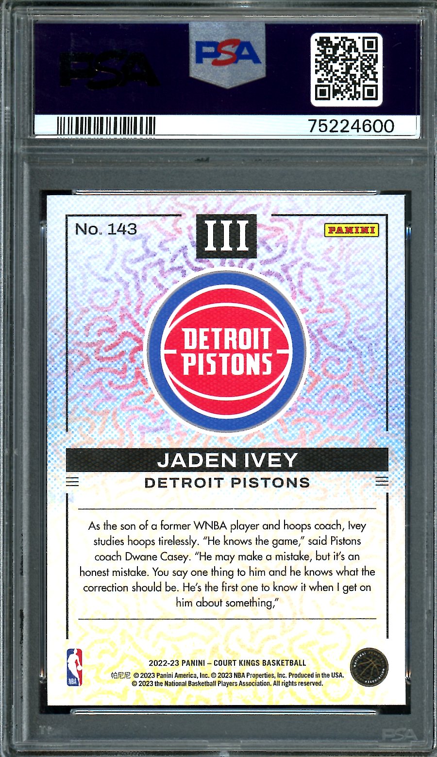 2022/23 Panini Court Kings Jaden Ivey Rookie #143 PSA 10 Pistons