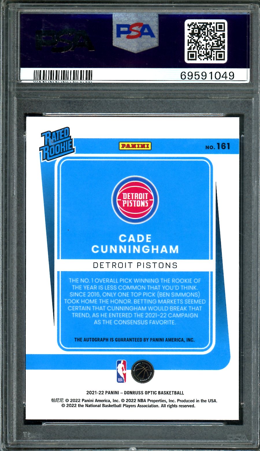 2021/22 Panini Optic Cade Cunningham Rookie Auto PSA 9 Pistons