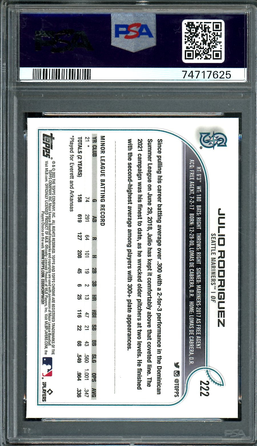 2022 Topps Ben Baller Julio Rodrigues Rookie SP PSA 9 Mariners