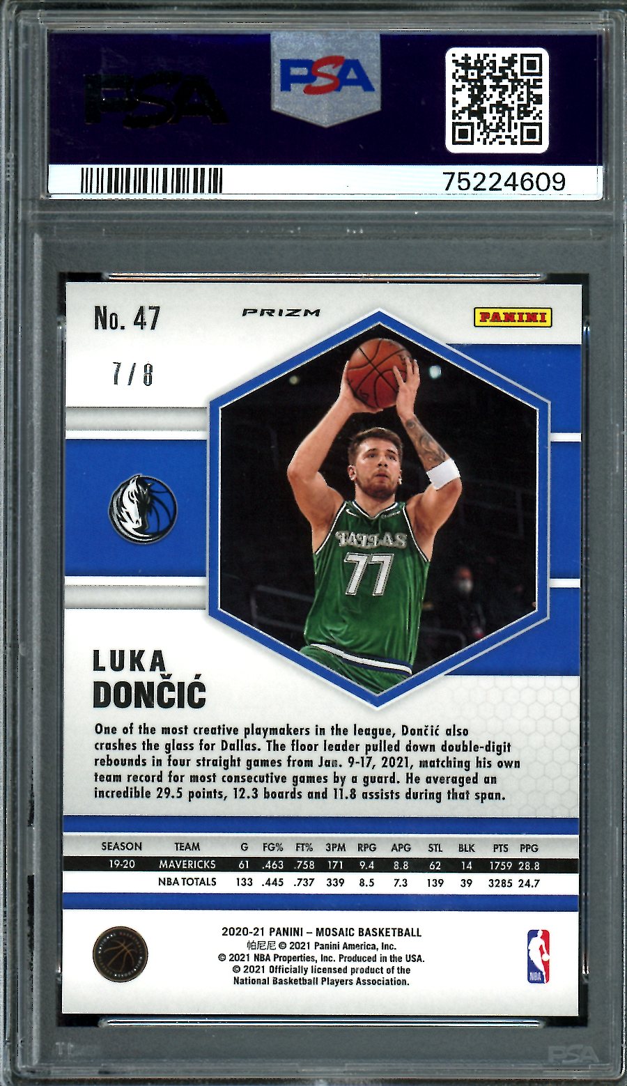 2020/21 Panini Mosaic Luka Doncic Black Gold Choice /8 PSA 9 Mavericks