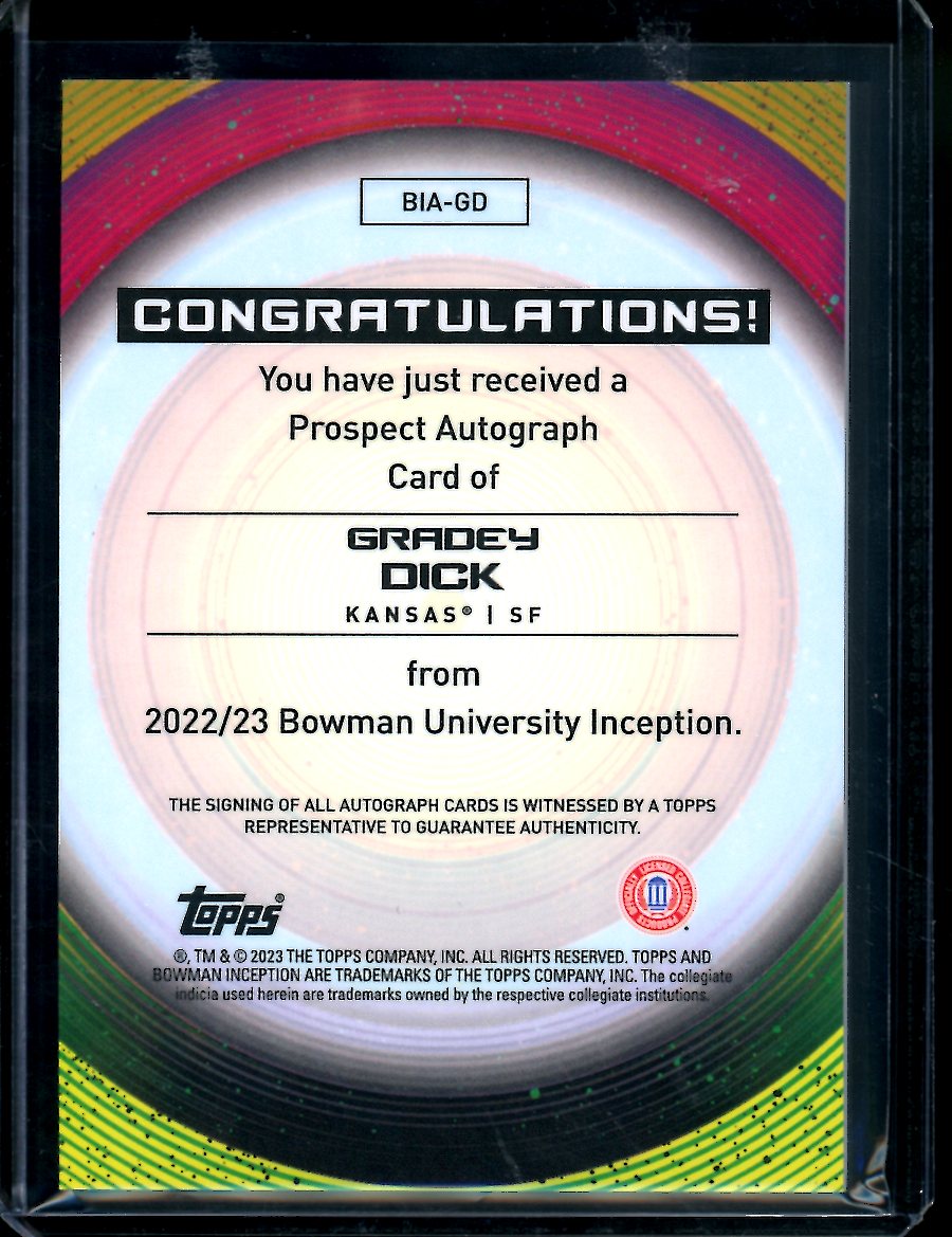 2022/23 Bowman University Inception Gradey Dick 1st Auto Kansas