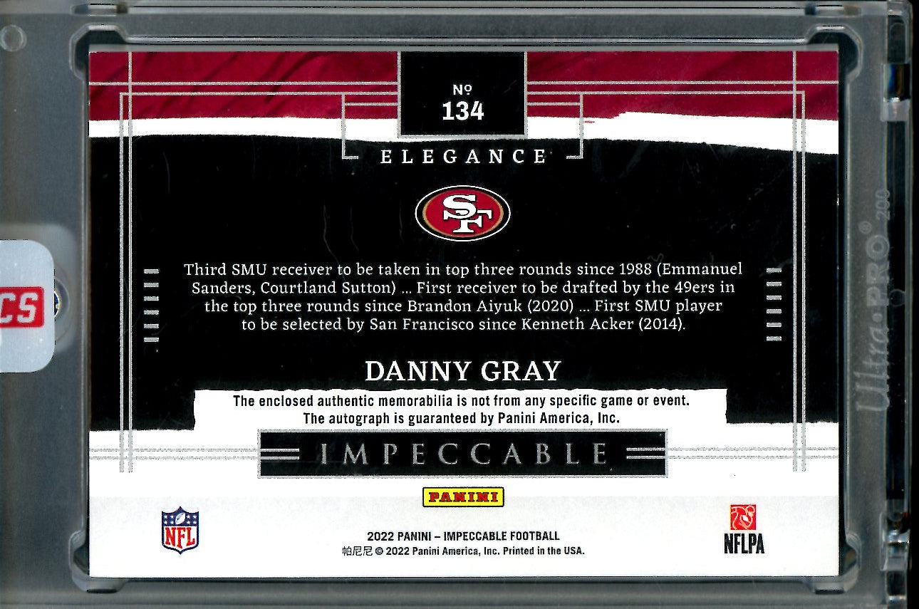 2022 Panini Imnpeccable Danny Gray Rookie RPA /25 49ers
