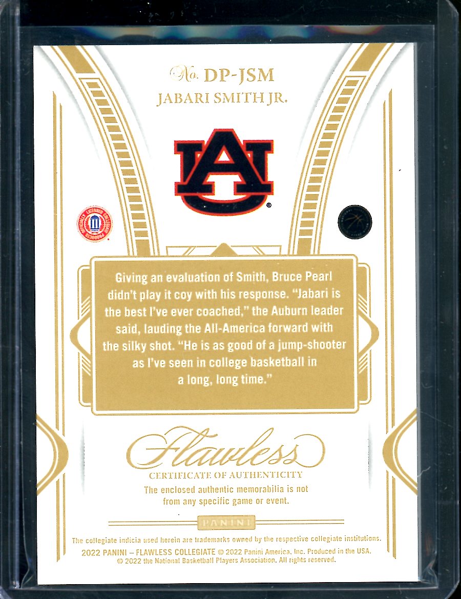 2022/23 Panini Flawless Collegiate Jabari Smith Jr. Rookie Patch Gold /10 Rockets