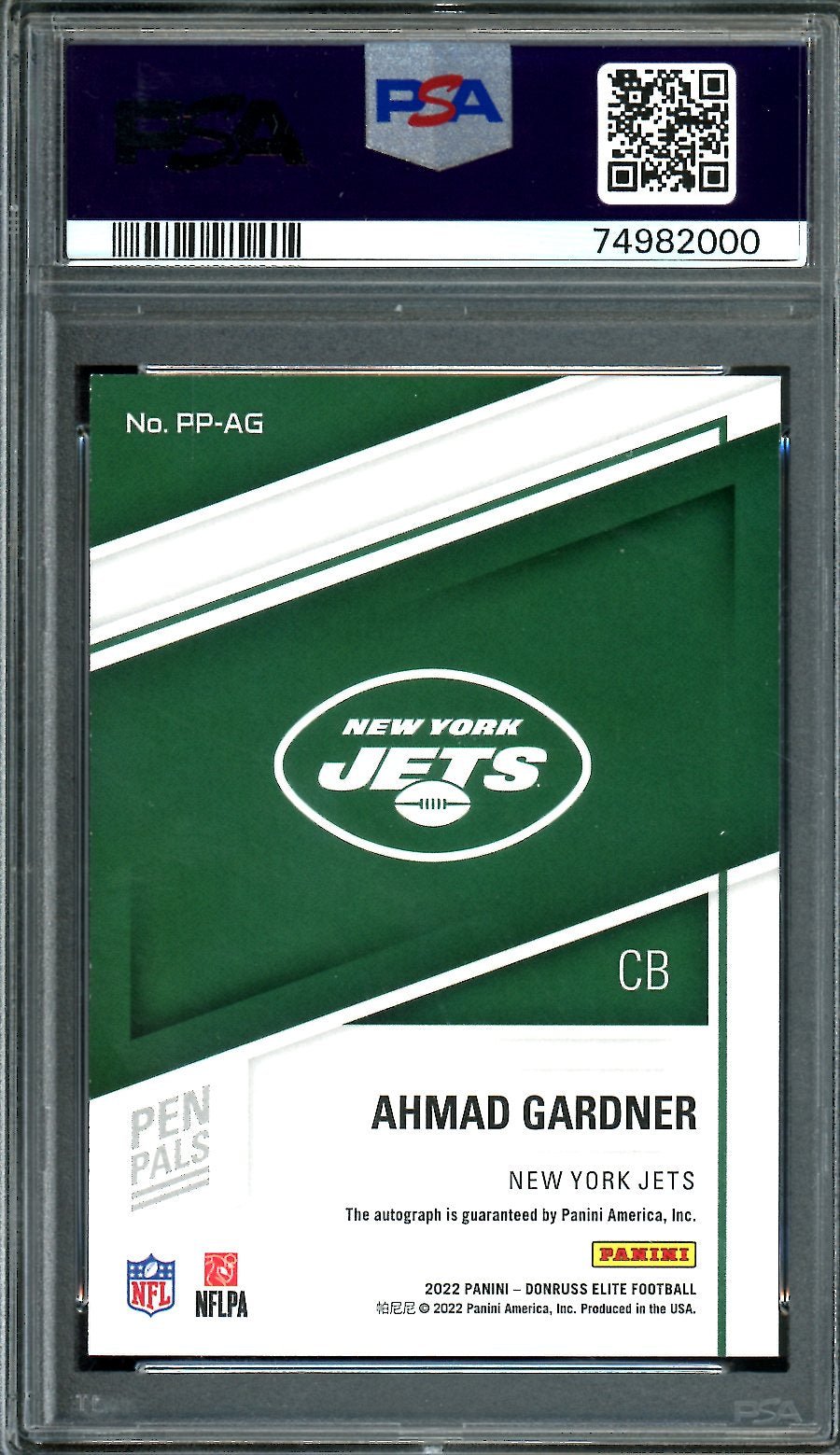 2022 Panini Elite Ahmad "Sauce" Gardner Rookie Auto Pen Pals Blue Ink PSA 9 Jets - Trading Card Market