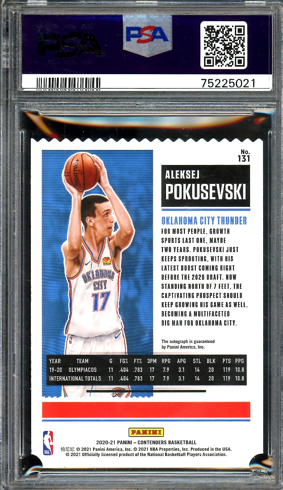2020/21 Panini Contenders Aleksej Pokusevski Rookie Ticket Stub Auto /17 PSA 10/10 Thunder