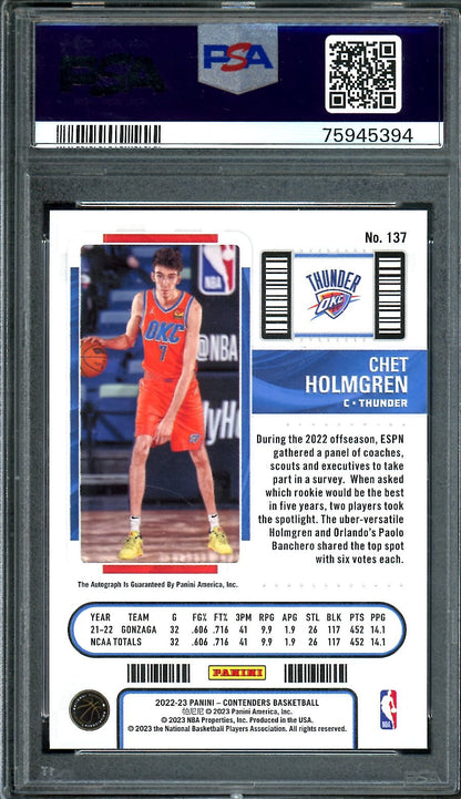 2022/23 Panini Contenders Chet Holmgren Rookie Ticket Auto Cracked Ice /25 PSA 10/10 Thunder