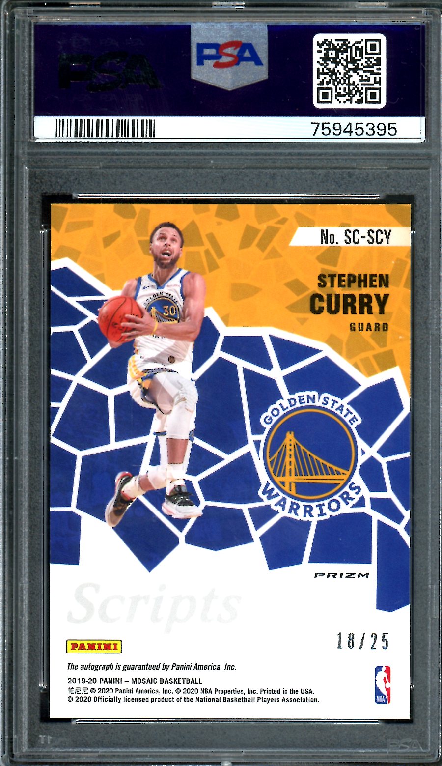 2019/20 Panini Mosaic Stephen Curry Scripts Auto Gold /25 PSA 9/10 Warriors