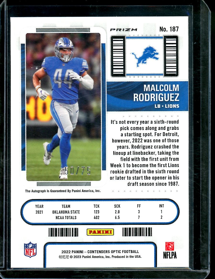 2022 Panini Contenders Optic Malcolm Rodriguez Rookie Ticket Auto Blue /75 Lions