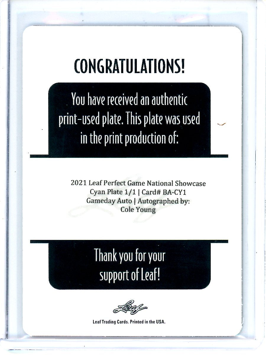 2021 Leaf Perfect Game Cole Young 1/1 Printing Plate Auto Mariners